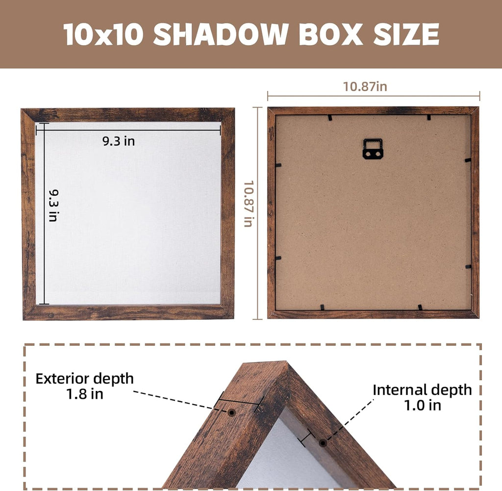 Muzilife 10x10 Shadow Box Picture Frame with Linen Board Deep Wood Glass Display Case Ready to Hang Memory Box Baby Sports Memorabilia, Awards, Medals, Wedding, Tickets and Photos
