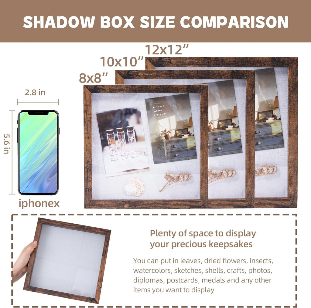 Muzilife 10x10 Shadow Box Picture Frame with Linen Board Deep Wood Glass Display Case Ready to Hang Memory Box Baby Sports Memorabilia, Awards, Medals, Wedding, Tickets and Photos
