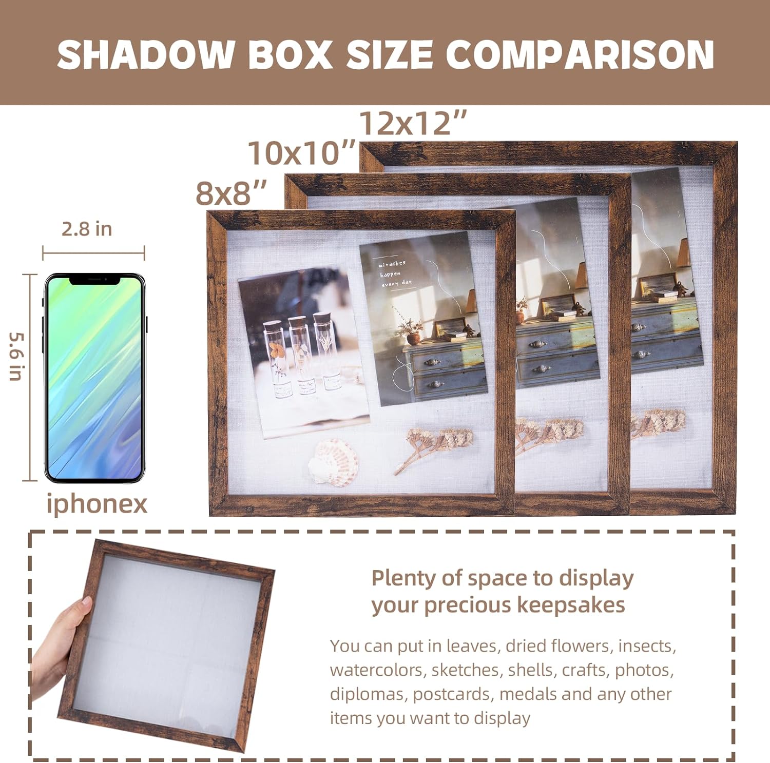 Muzilife 10x10 Shadow Box Picture Frame with Linen Board Deep Wood Glass Display Case Ready to Hang Memory Box Baby Sports Memorabilia, Awards, Medals, Wedding, Tickets and Photos