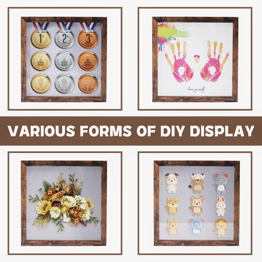 Muzilife 10x10 Shadow Box Picture Frame with Linen Board Deep Wood Glass Display Case Ready to Hang Memory Box Baby Sports Memorabilia, Awards, Medals, Wedding, Tickets and Photos