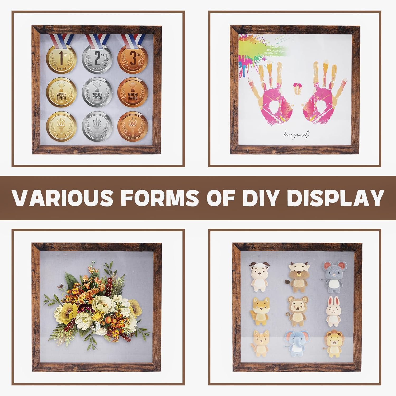 Muzilife 10x10 Shadow Box Picture Frame with Linen Board Deep Wood Glass Display Case Ready to Hang Memory Box Baby Sports Memorabilia, Awards, Medals, Wedding, Tickets and Photos