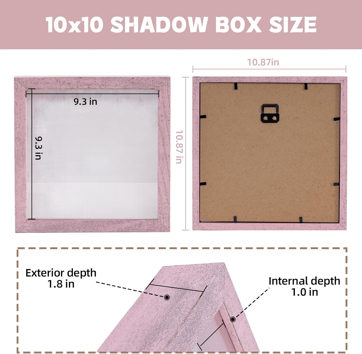 Muzilife 10x10 Shadow Box Picture Frame with Linen Board Deep Wood Glass Display Case Ready to Hang Memory Box Baby Sports Memorabilia, Awards, Medals, Wedding, Tickets and Photos