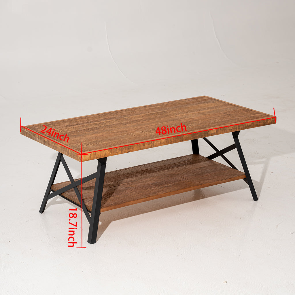 Muzilife Solid Wood Parquet Coffee Table (48" L X 24" W X 18.7" H) With 2-tier Shelf, Rustic Industrial Style