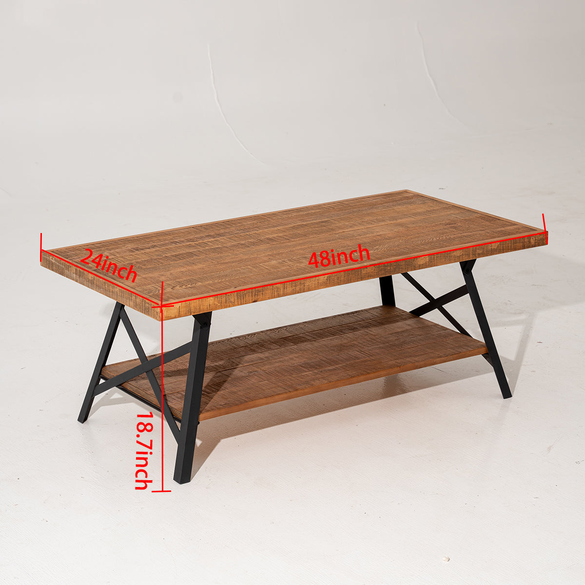 Muzilife Solid Wood Parquet Coffee Table (48" L X 24" W X 18.7" H) With 2-tier Shelf, Rustic Industrial Style