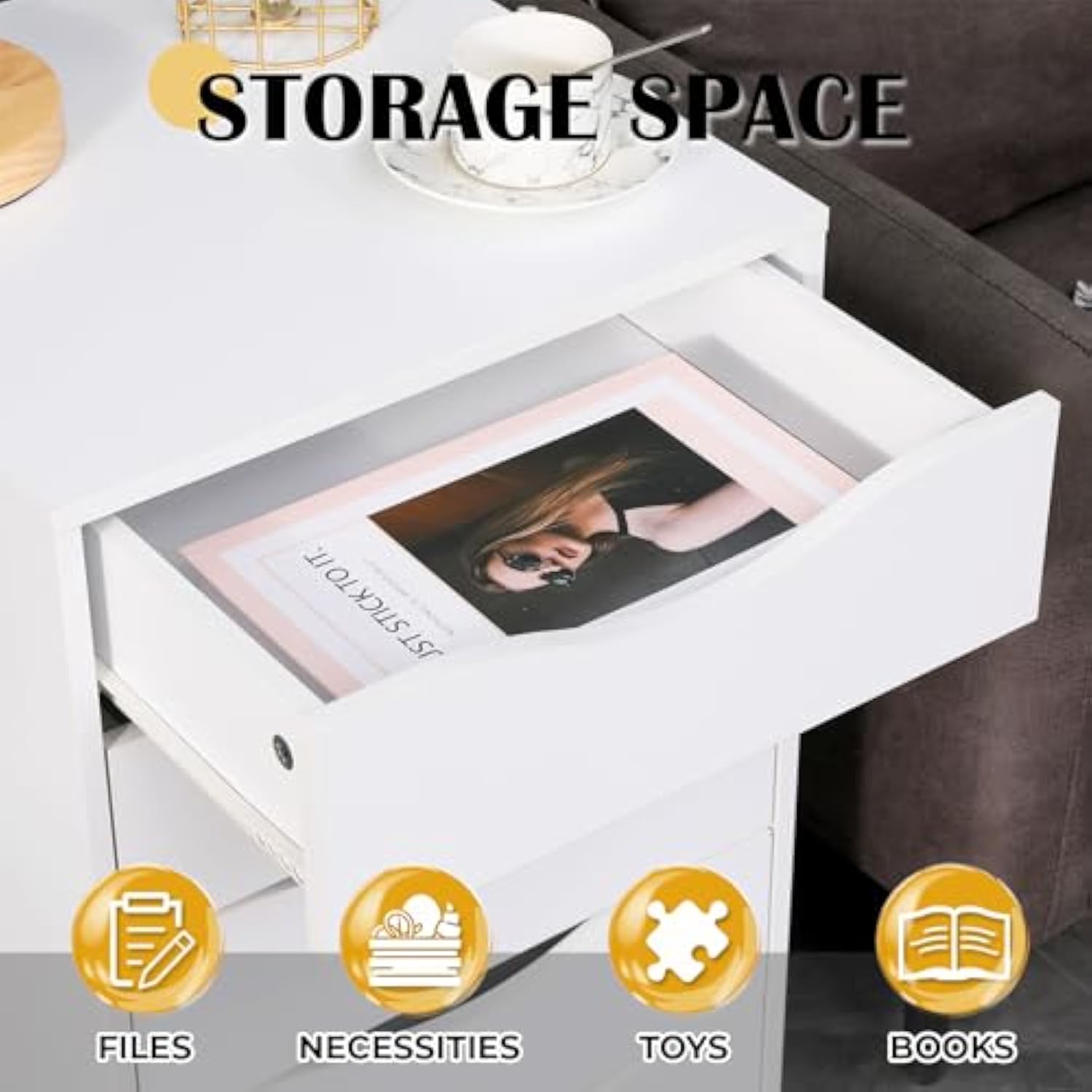 Muzilife 5 Drawer Chest Wood File Cabinet Rolling Storage Dresser with Wheels for Home Office, White