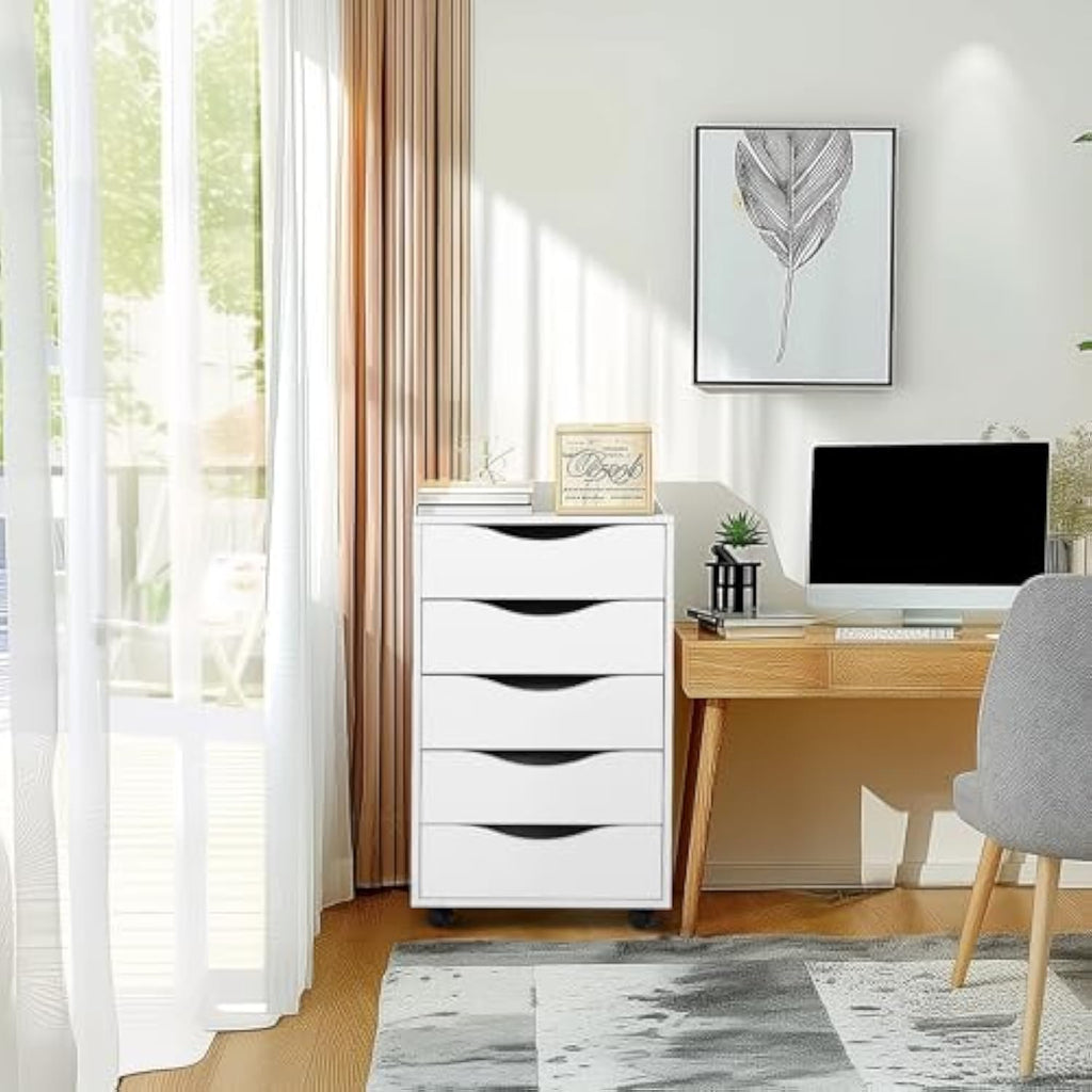 Muzilife 5 Drawer Chest Wood File Cabinet Rolling Storage Dresser with Wheels for Home Office, White