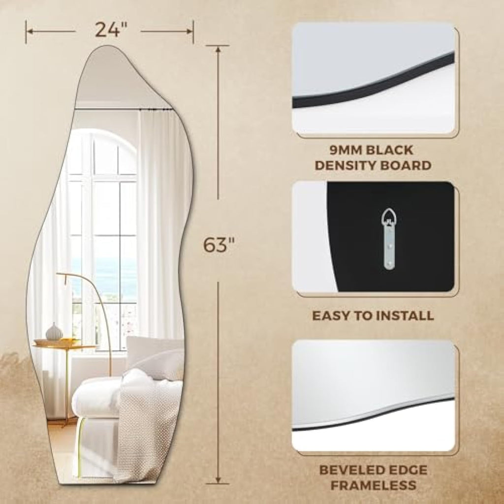 Muzilife Full Length Mirror Irregular Wall Mirror Cloud Beveled Edge Frameless for Living Room Bathroom Bedroom Entryway Decor 63"x24"