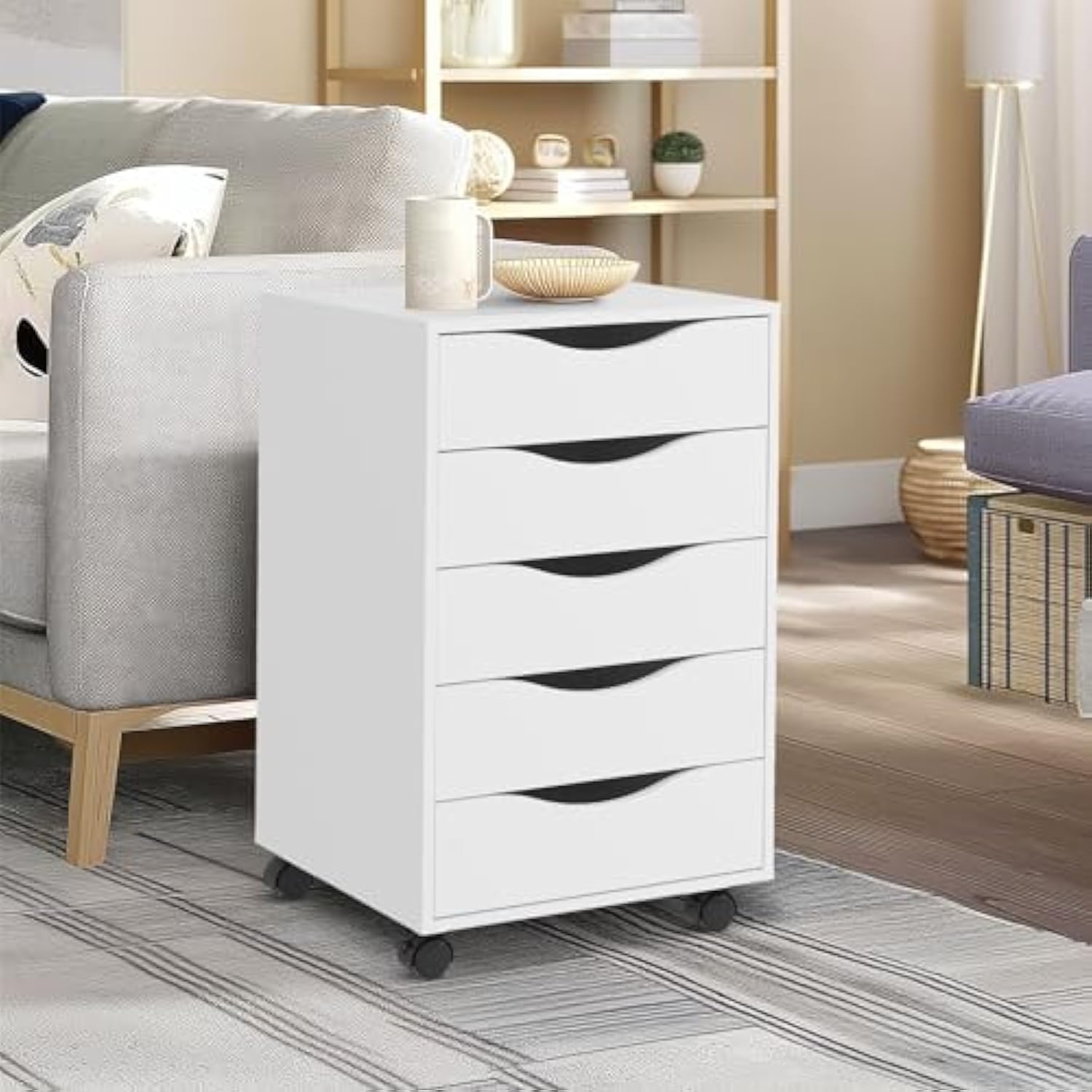 Muzilife 5 Drawer Chest Wood File Cabinet Rolling Storage Dresser with Wheels for Home Office, White