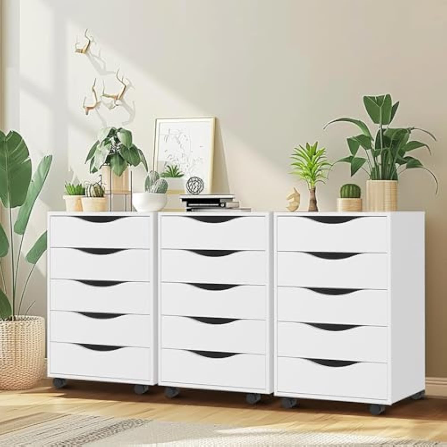 Muzilife 5 Drawer Chest Wood File Cabinet Rolling Storage Dresser with Wheels for Home Office, White